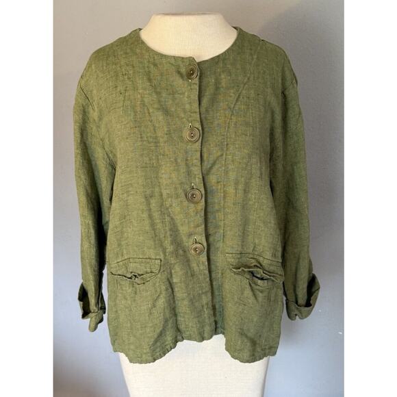 Flax Jackets & Blazers - Flax Linen Jacket Sz Small Green Lagenlook Minimalist Artsy Pockets Office Work